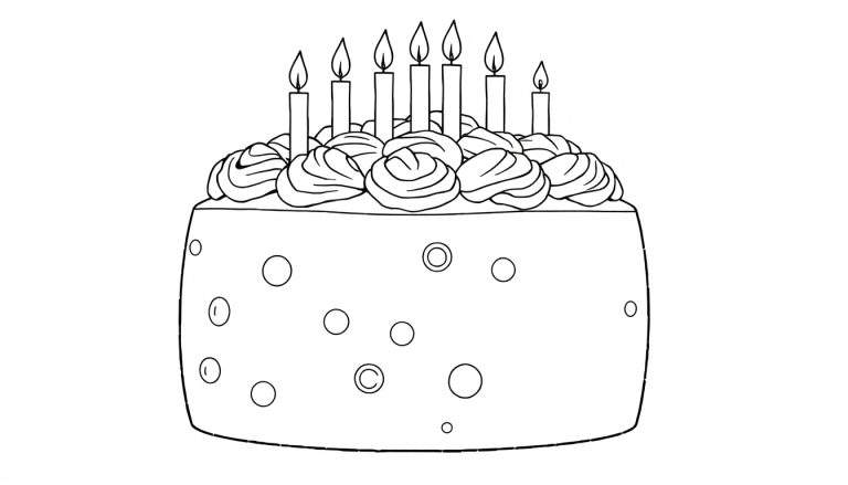 Um bolo de aniversário em preto e branco com sete velas, pronto para ser colorido. Este color panel é perfeito para dar vida a uma festa!