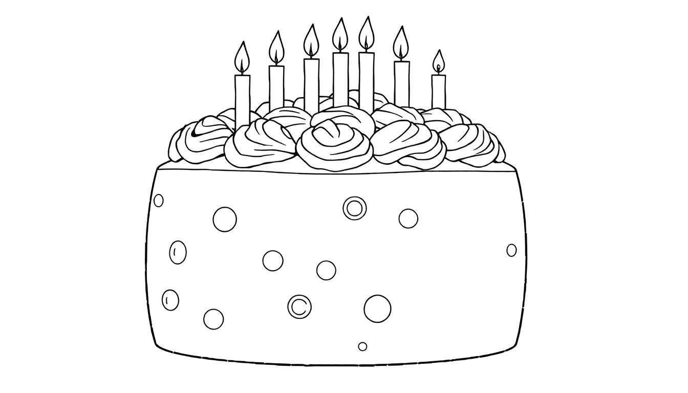 Um bolo de aniversário em preto e branco com sete velas, pronto para ser colorido. Este color panel é perfeito para dar vida a uma festa!
