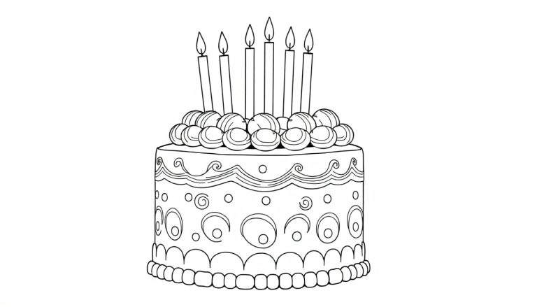Um bolo de aniversário de dois andares com velas acesas e decorações coloridas, como um painel de cores vibrantes.