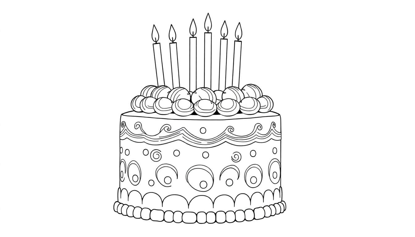 Um bolo de aniversário de dois andares com velas acesas e decorações coloridas, como um painel de cores vibrantes.