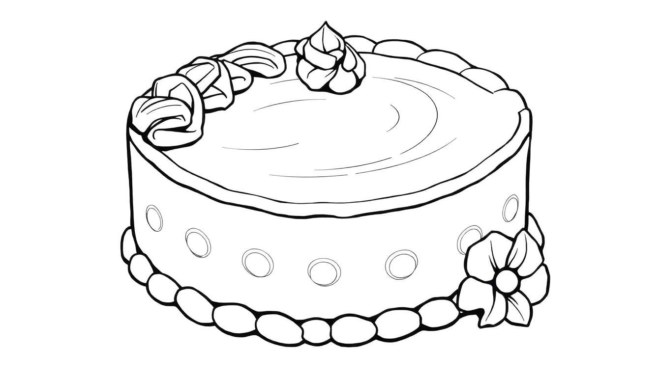Um bolo redondo em preto e branco, perfeito para colorir, com decorações simples.