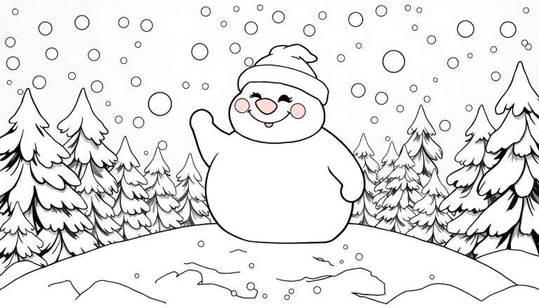 Boneco de neve sorridente com um chapéu acenando em uma floresta de pinheiros nevados, ideal para um color panel.