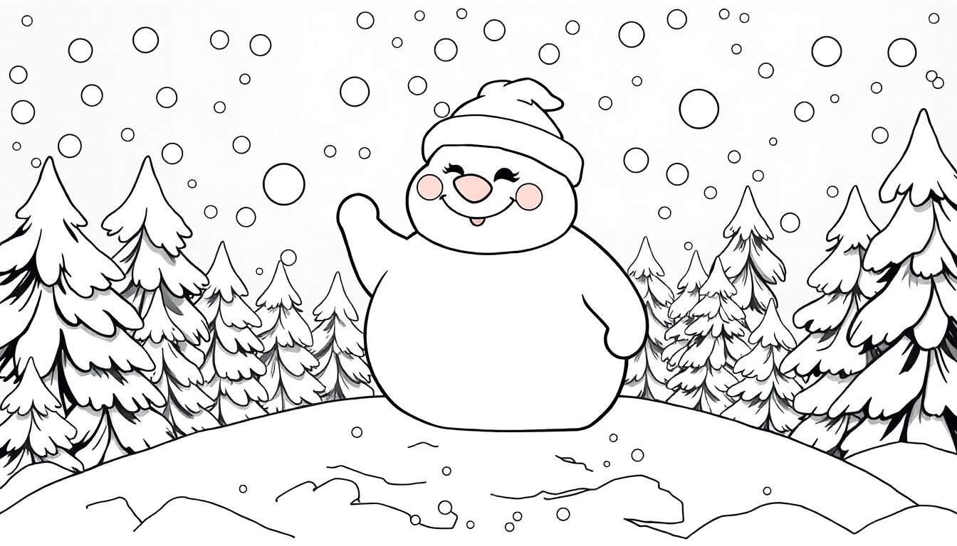 Boneco de neve sorridente com um chapéu acenando em uma floresta de pinheiros nevados, ideal para um color panel.