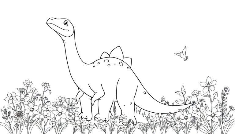 Um dinossauro Braquiossauro com um pescoço longo e placas nas costas caminha por um campo de flores vibrantes, com um pássaro voando ao fundo.