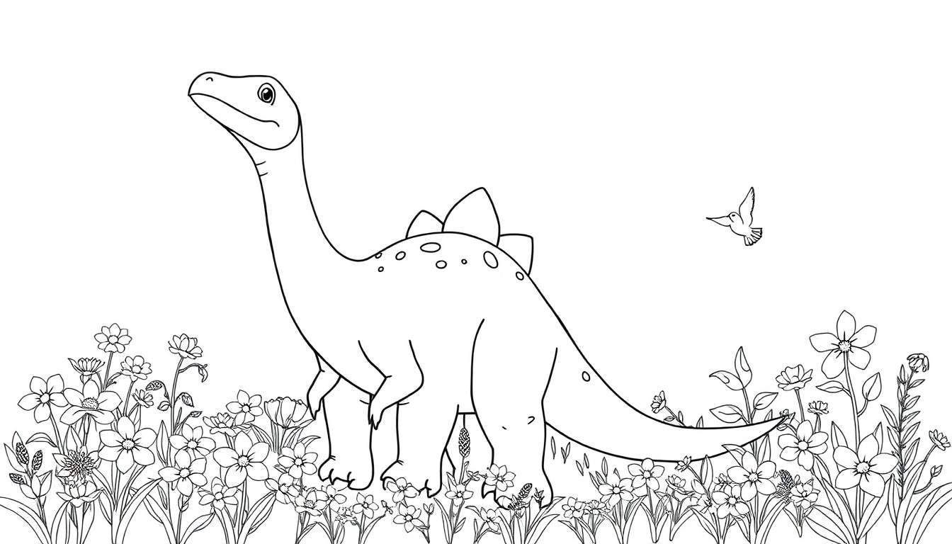 Um dinossauro Braquiossauro com um pescoço longo e placas nas costas caminha por um campo de flores vibrantes, com um pássaro voando ao fundo.