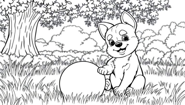 Um adorável cachorrinho preto e branco sentado na grama com uma bola grande, pronto para brincar, com um tronco de árvore e folhagem ao fundo. Ideal para um color panel.