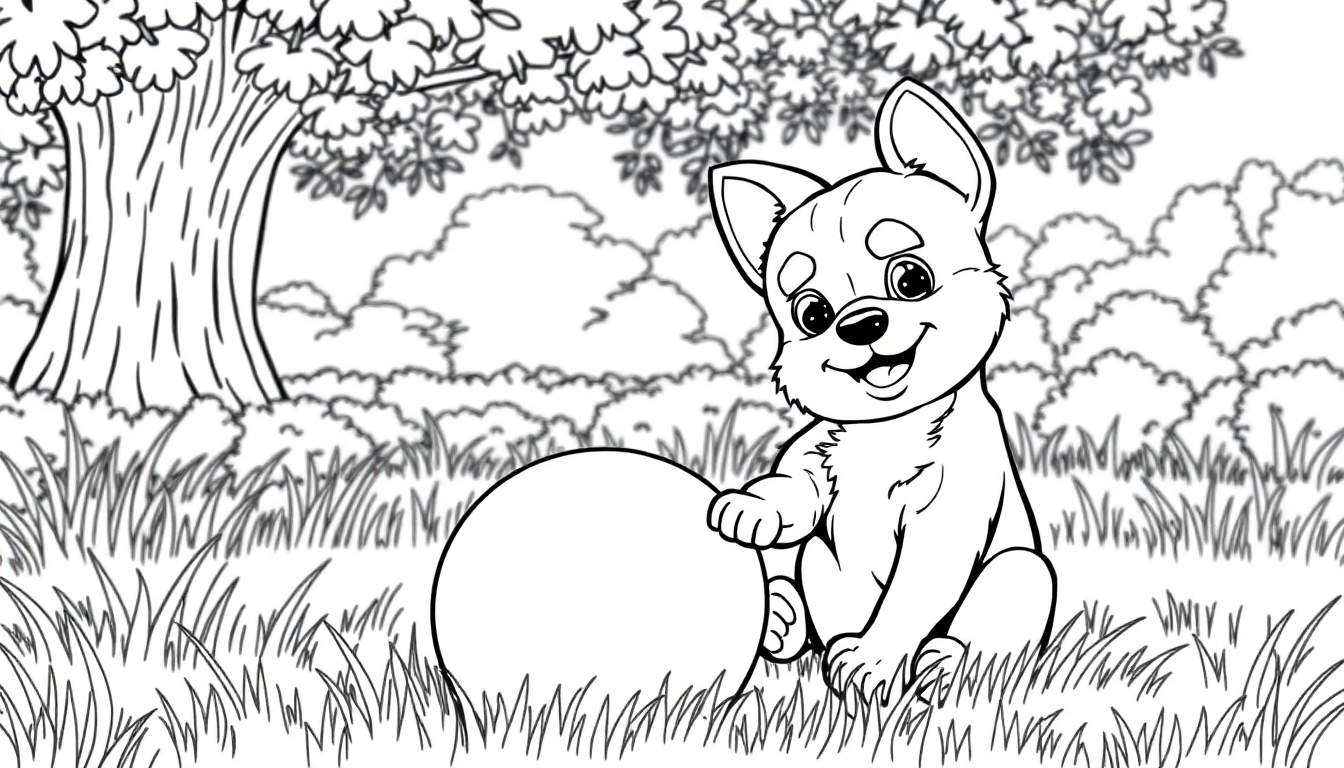 Um adorável cachorrinho preto e branco sentado na grama com uma bola grande, pronto para brincar, com um tronco de árvore e folhagem ao fundo. Ideal para um color panel.