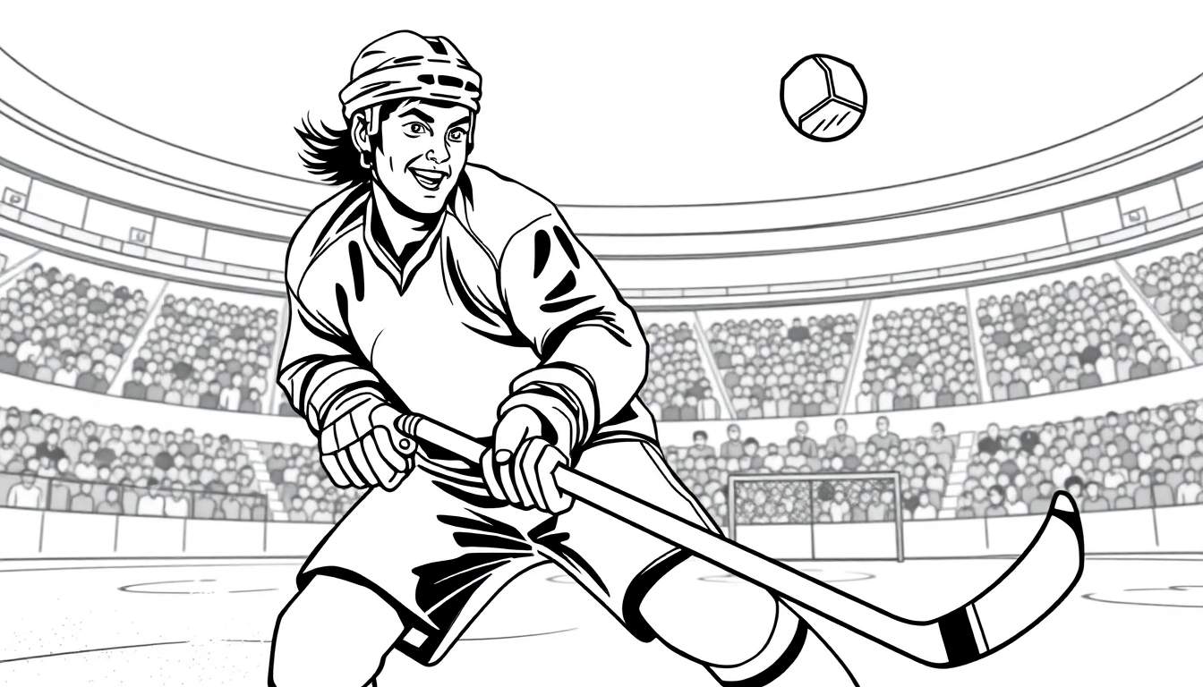 Desenho em estilo de quadrinhos de um jogador de hóquei sorrindo com um taco, com a multidão ao fundo e um disco no ar, pronto para marcar um gol em um color panel.