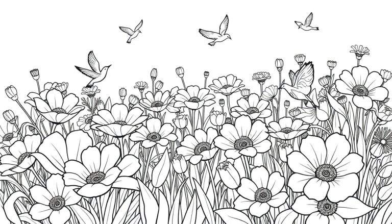 Um campo de flores desenhado em linhas pretas finas, com pássaros voando. Um color panel para crianças.