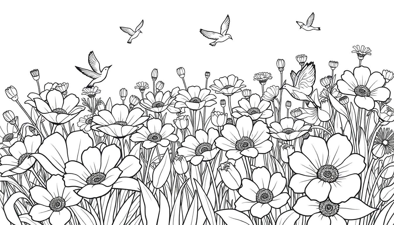 Um campo de flores desenhado em linhas pretas finas, com pássaros voando. Um color panel para crianças.