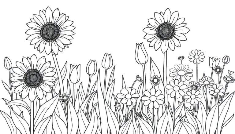 Um campo desenhado em preto e branco com girassóis, tulipas e margaridas, pronto para ser colorido.