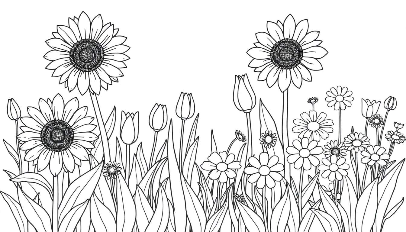 Um campo desenhado em preto e branco com girassóis, tulipas e margaridas, pronto para ser colorido.