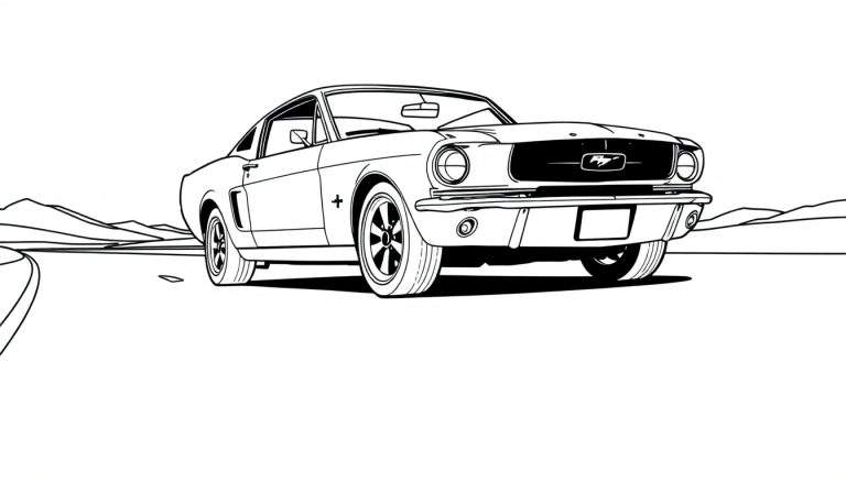 Um carro clássico em preto e branco, semelhante a um Ford Mustang, estacionado numa estrada desértica com montanhas ao fundo. Estilo de arte gráfica.