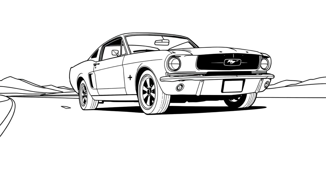 Um carro clássico em preto e branco, semelhante a um Ford Mustang, estacionado numa estrada desértica com montanhas ao fundo. Estilo de arte gráfica.