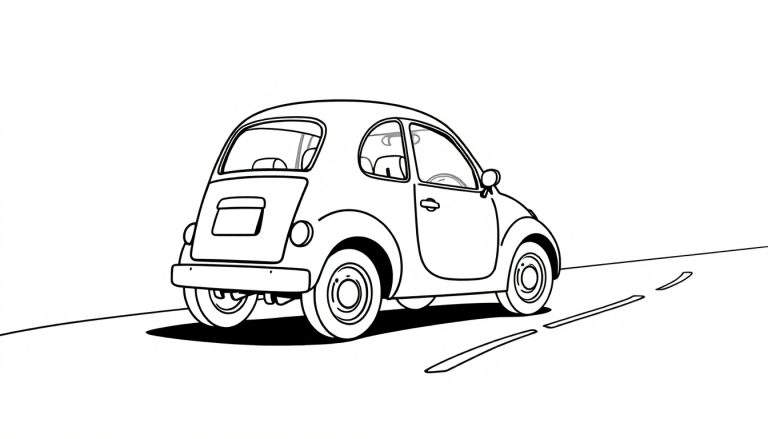 Um carro pequeno e arredondado em preto e branco, visto de trás, estacionado em uma estrada com linha tracejada. O fundo é branco, destacando o carro como em um desenho a traço.