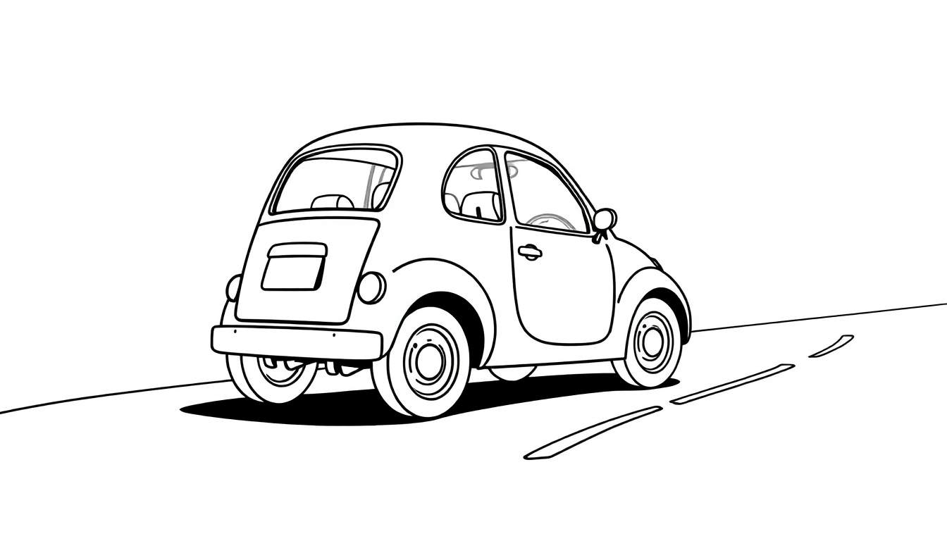 Um carro pequeno e arredondado em preto e branco, visto de trás, estacionado em uma estrada com linha tracejada. O fundo é branco, destacando o carro como em um desenho a traço.