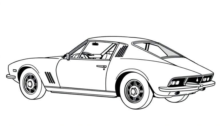 Um carro esportivo desenhado em preto e branco, com o volante visível, em um fundo branco. O carro tem um estilo clássico com rodas grandes.