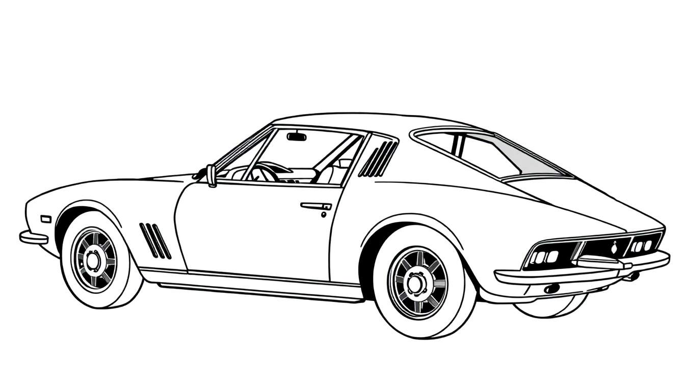 Um carro esportivo desenhado em preto e branco, com o volante visível, em um fundo branco. O carro tem um estilo clássico com rodas grandes.