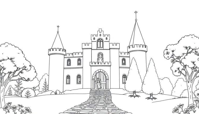 Castelo de conto de fadas em preto e branco com torres altas, ponte de pedra, mulher na varanda e árvores ao redor. O color panel revela um mundo de magia.