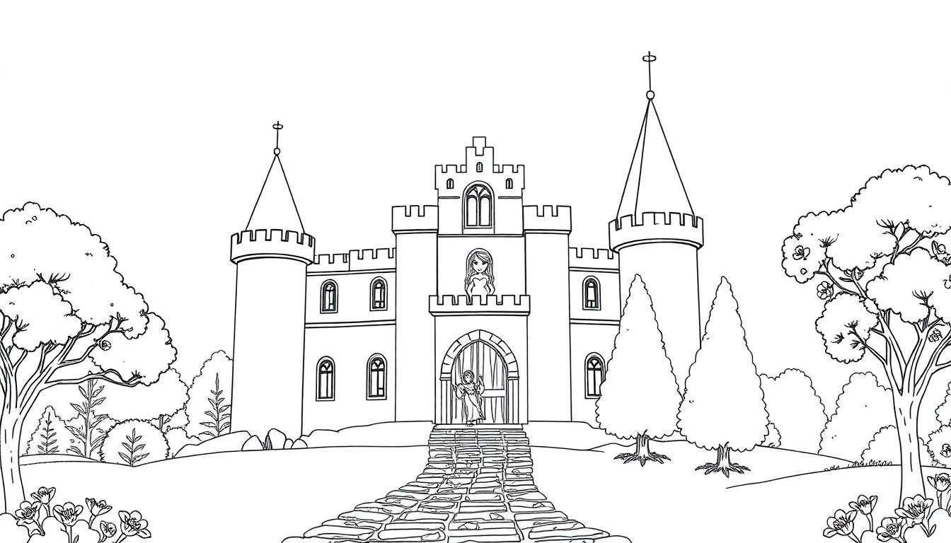 Castelo de conto de fadas em preto e branco com torres altas, ponte de pedra, mulher na varanda e árvores ao redor. O color panel revela um mundo de magia.