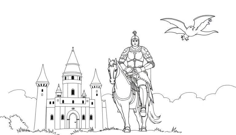 Página para colorir de um cavaleiro num cavalo, com castelo e dragão.