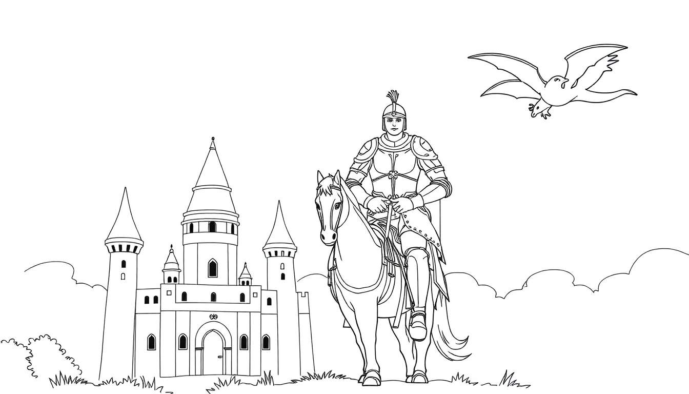 Página para colorir de um cavaleiro num cavalo, com castelo e dragão.