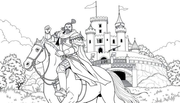 Um cavaleiro com armadura e barba longa, montado em um cavalo empinado, com um castelo ao fundo.