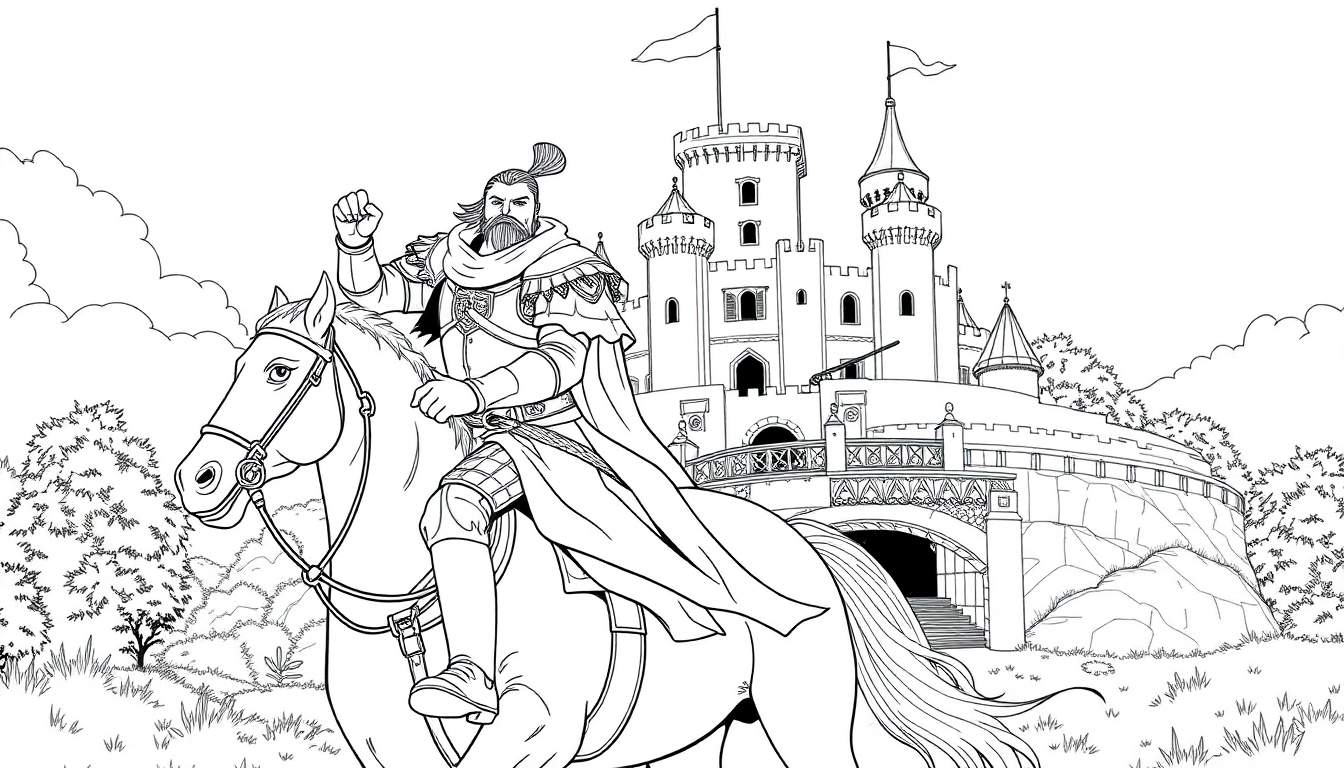 Um cavaleiro com armadura e barba longa, montado em um cavalo empinado, com um castelo ao fundo.
