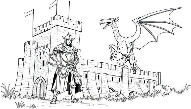 Um cavaleiro em armadura preta e branca, com espada em punho, em frente a um castelo com um dragão a pairar. Desenho para colorir.