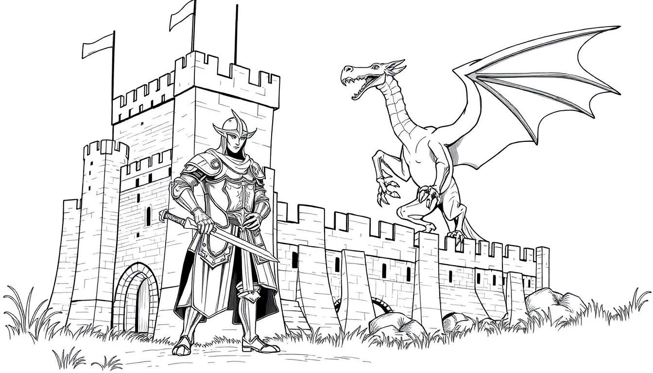 Um cavaleiro em armadura preta e branca, com espada em punho, em frente a um castelo com um dragão a pairar. Desenho para colorir.