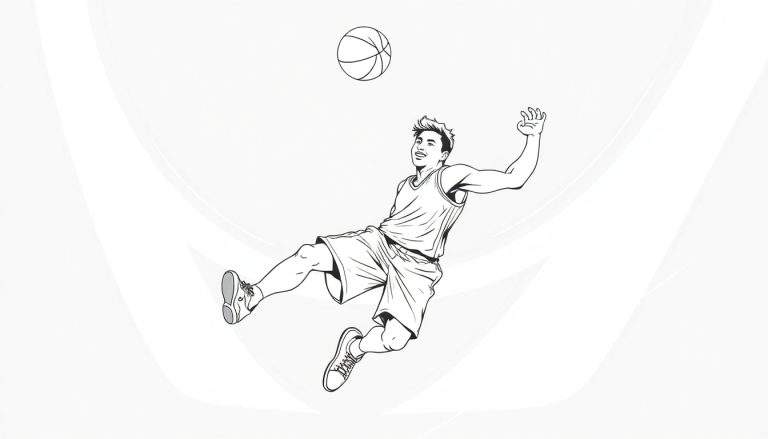 Um jogador de basquete sorridente pulando no ar para pegar uma bola, com um color panel ao fundo.