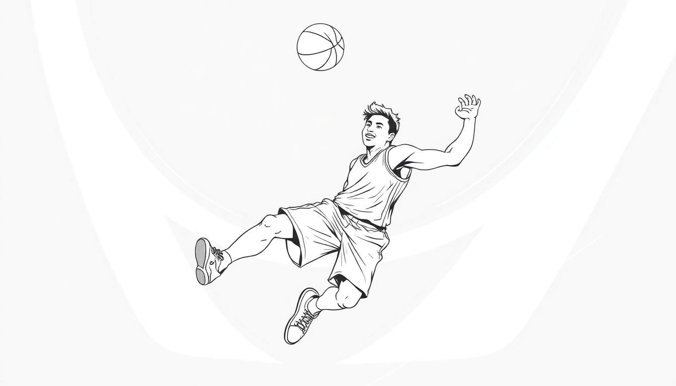 Um jogador de basquete sorridente pulando no ar para pegar uma bola, com um color panel ao fundo.