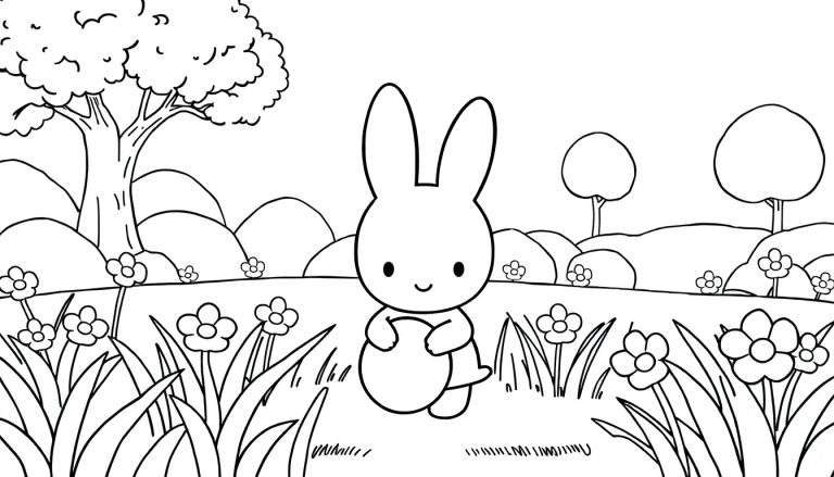 Coelho de desenho animado segurando um ovo grande em um prado com flores e árvores.