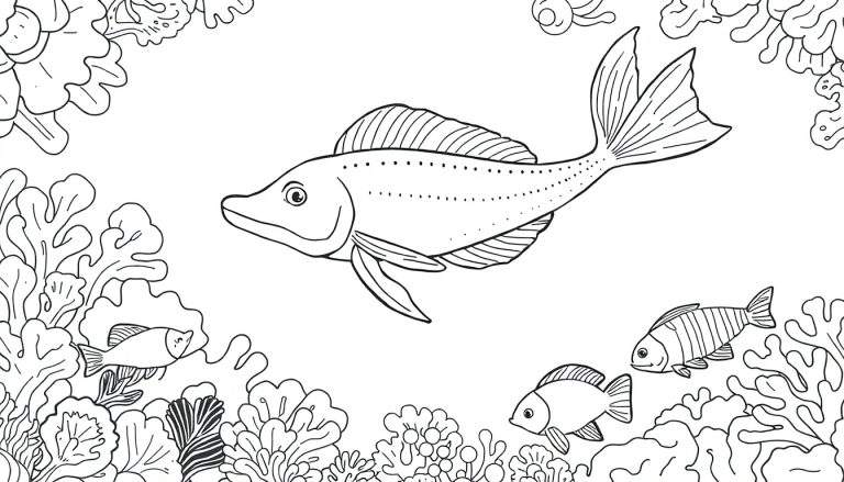 Ilustração em preto e branco de um peixe grande nadando em um recife de coral com peixes menores. Um color panel para colorir.