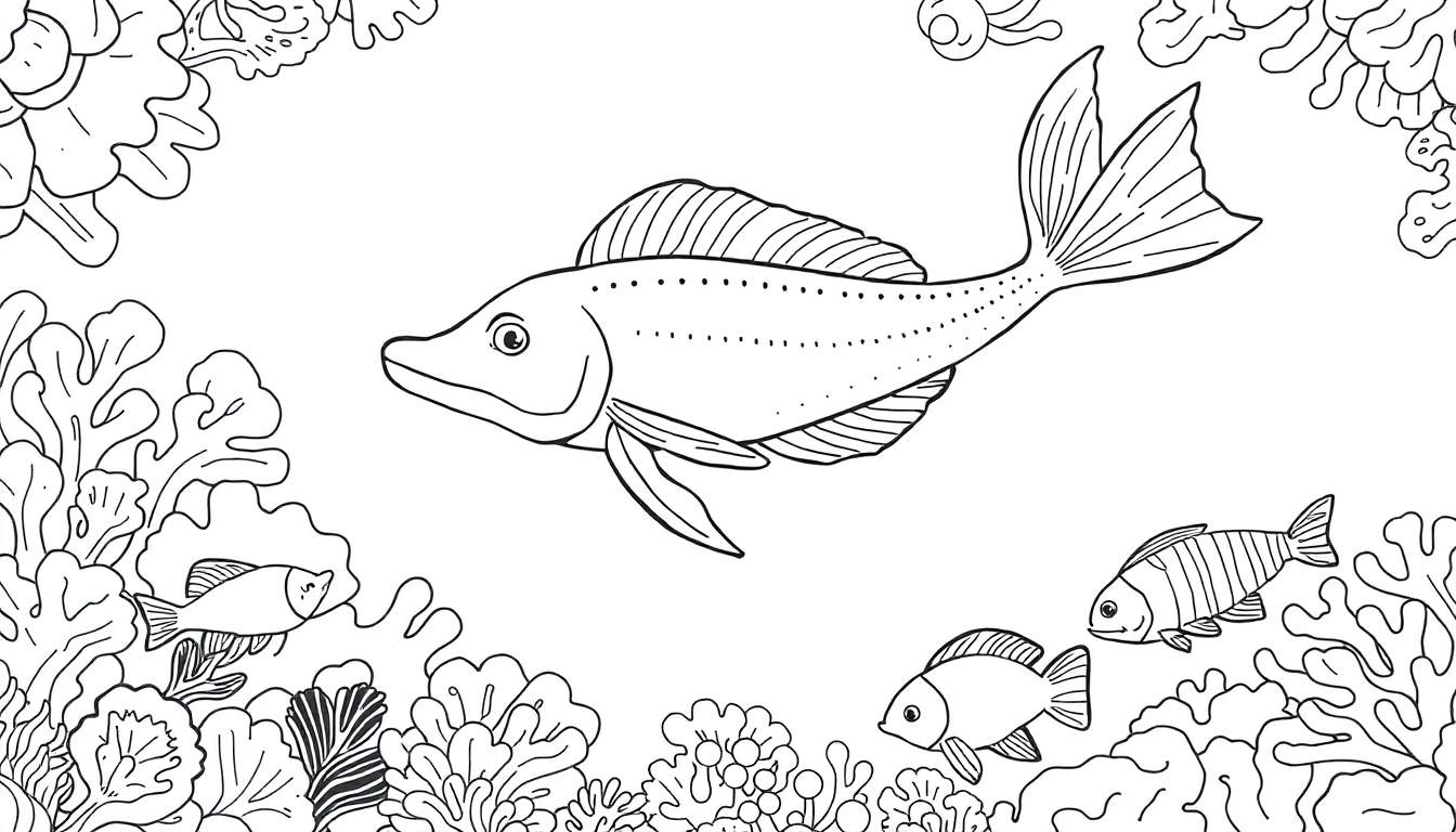 Ilustração em preto e branco de um peixe grande nadando em um recife de coral com peixes menores. Um color panel para colorir.