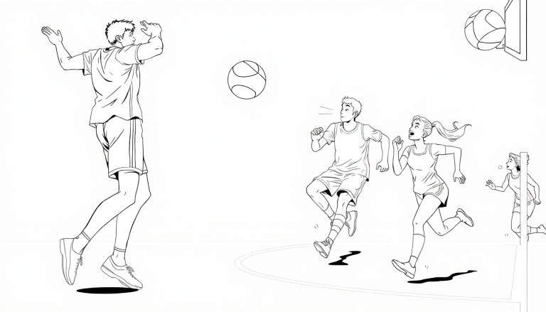 Um jogo de basquete animado, com jogadores em ação e a bola a caminho da cesta. Um convite para colorir!