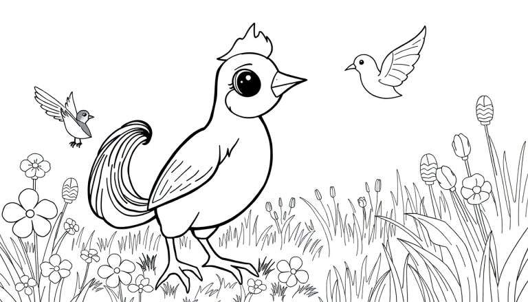 Um galo numa color panel de um campo florido com pássaros a voar.