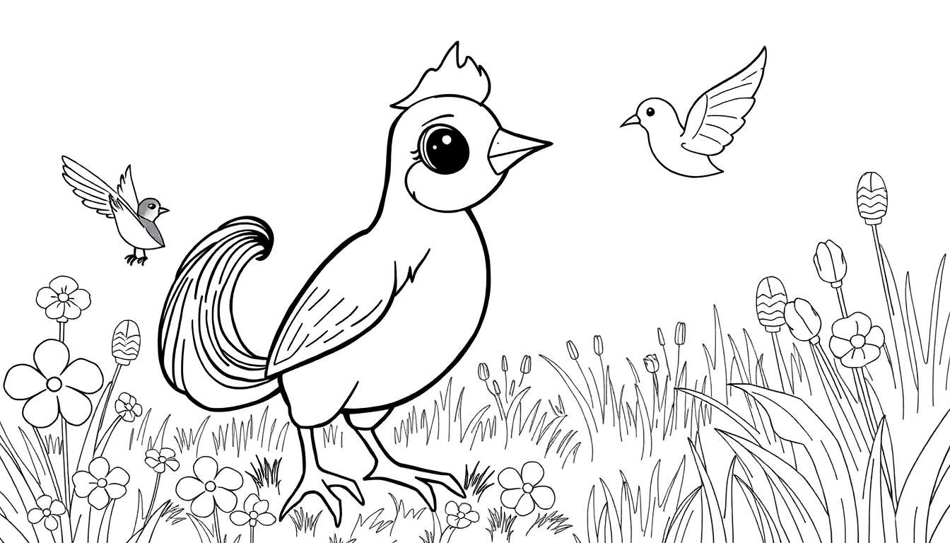 Um galo numa color panel de um campo florido com pássaros a voar.