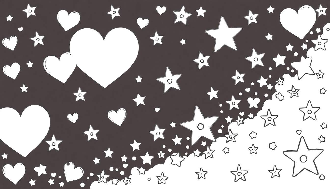 Um color panel dividido em duas metades, uma escura com corações e estrelas preenchidas e outra clara com corações e estrelas contornados.