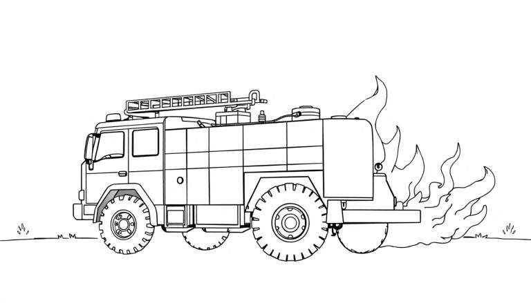 Camião de bombeiros de perfil em preto e branco, com chamas a sair da parte traseira, num terreno com relva. Página para colorir de um color panel de um camião de bombeiros.