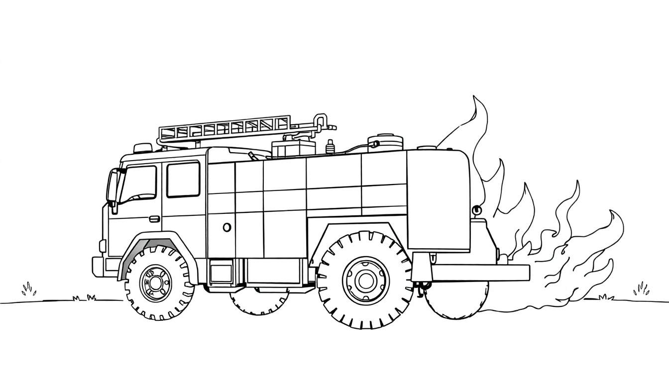 Camião de bombeiros de perfil em preto e branco, com chamas a sair da parte traseira, num terreno com relva. Página para colorir de um color panel de um camião de bombeiros.