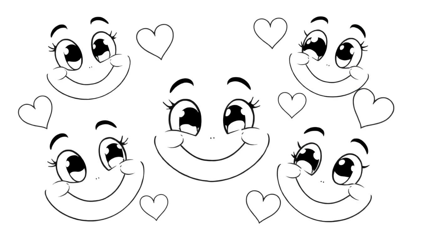 Um color panel com cinco rostos sorridentes de desenhos animados rodeados por corações em um fundo branco. Todos os rostos são pretos e brancos, com grandes olhos e sorrisos largos. Os corações são contornos pretos.