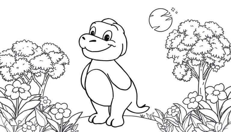 Um dinossauro sorridente em preto e branco com duas árvores e flores num campo, com uma lua no canto superior direito. É um color panel.