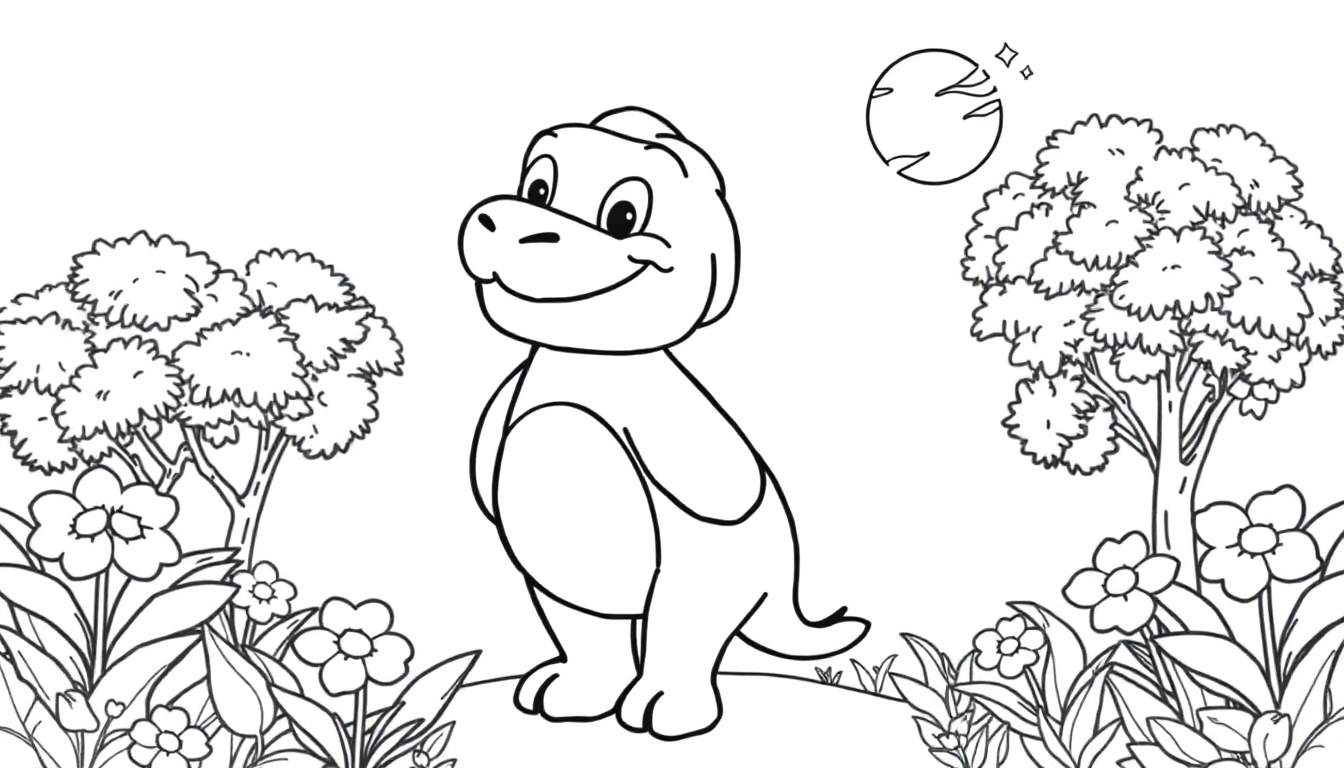 Um dinossauro sorridente em preto e branco com duas árvores e flores num campo, com uma lua no canto superior direito. É um color panel.
