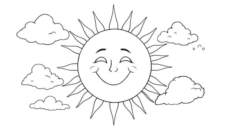 Um desenho de sol sorridente cercado por nuvens em preto e branco, pronto para colorir. Este color panel captura a alegria.
