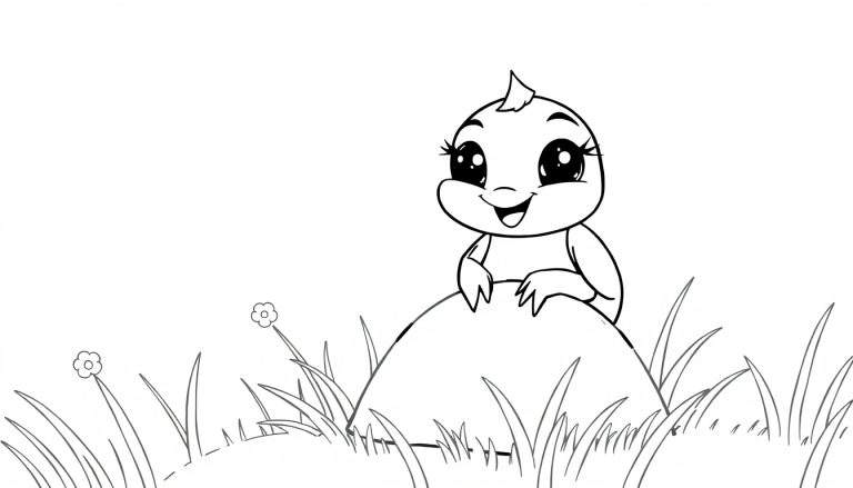 Um adorável bebê pássaro fofo em um monte gramado pronto para colorir, com um color panel.