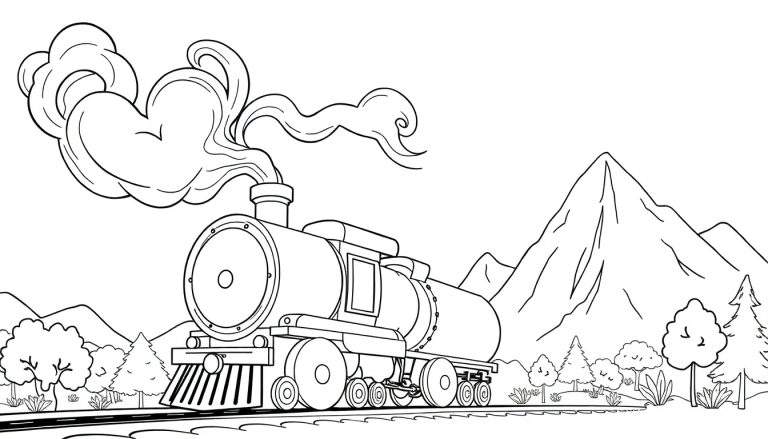 Desenho a contorno de um comboio a vapor vintage a soltar fumo, viajando por uma paisagem montanhosa, perfeito para um color panel.