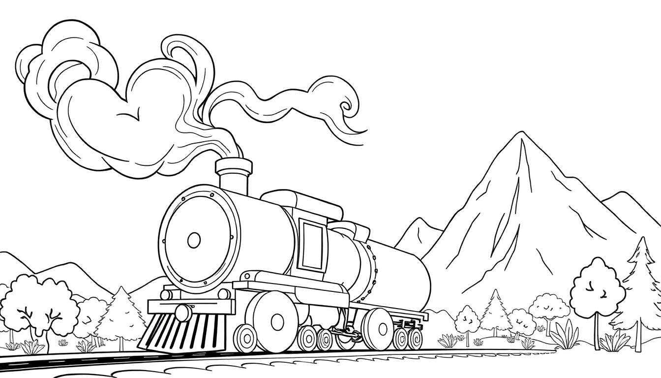 Desenho a contorno de um comboio a vapor vintage a soltar fumo, viajando por uma paisagem montanhosa, perfeito para um color panel.
