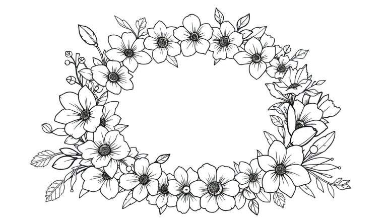 Uma ilustração em preto e branco de uma coroa floral circular, ideal para colorir, com um espaço aberto no centro e detalhes intrincados de flores e folhas, permitindo a expressão criativa em um color panel.