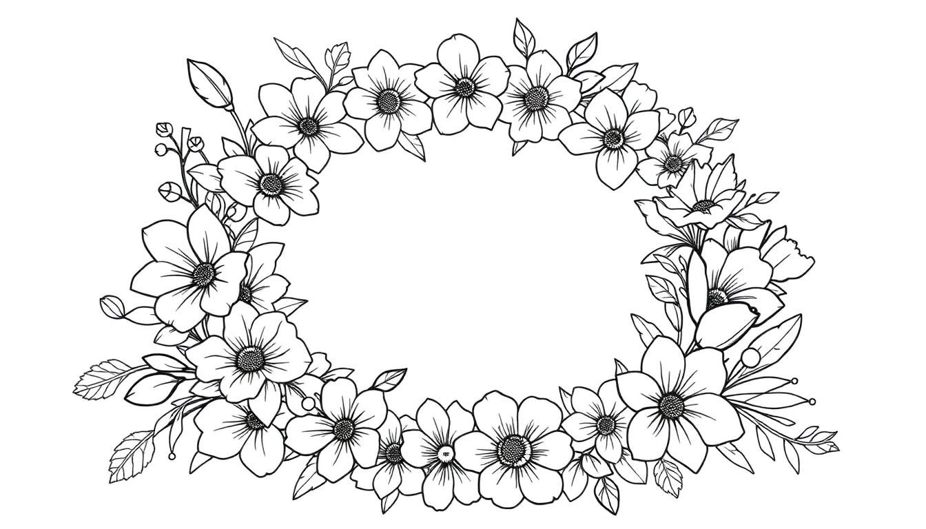 Uma ilustração em preto e branco de uma coroa floral circular, ideal para colorir, com um espaço aberto no centro e detalhes intrincados de flores e folhas, permitindo a expressão criativa em um color panel.